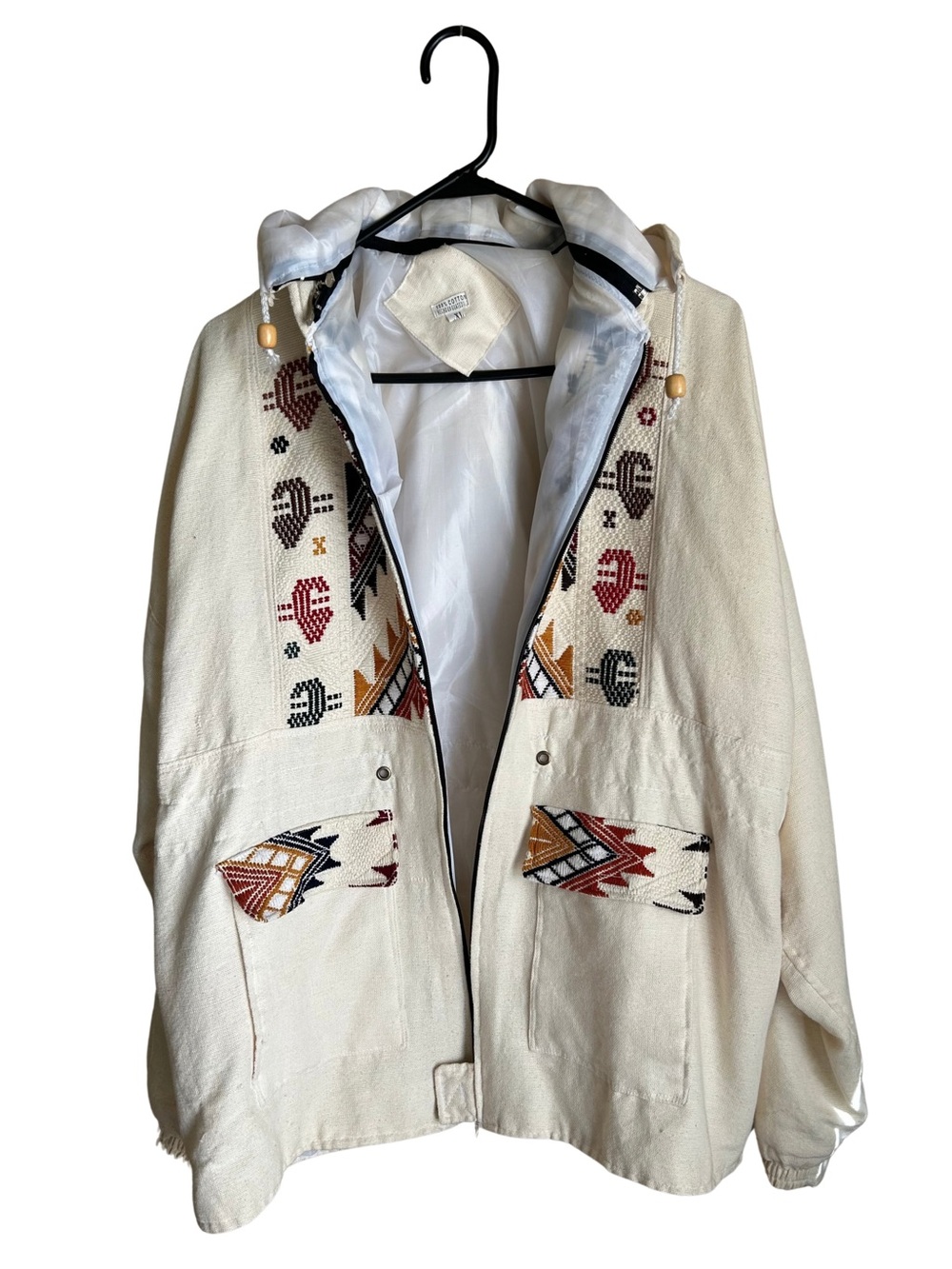 Cream Hooded Utility Jacket with Native-Inspired Embroidery